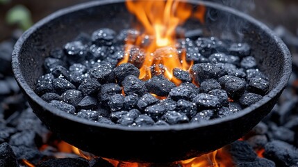 Charcoal Burning on a Grill with Bright Flames and Smoke in a Culinary Setting, Highlighting the Intensity of Outdoor Cooking and Barbecue Preparation