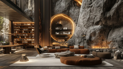 modern living room featuring natural stone walls, cozy furniture, and warm lighting, creating serene atmosphere. Ideal for relaxation and reading
