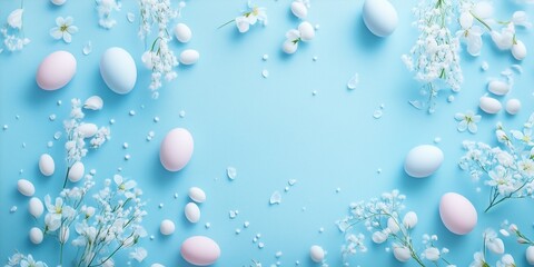 Celebrate Easter spring with pastel eggs and flowers on a blue backdrop. 