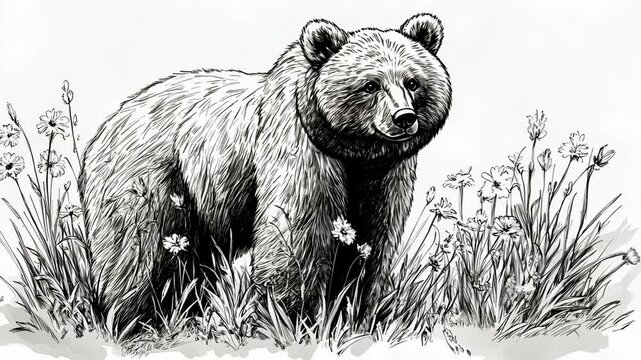 Majestic Brown Grizzly Bear Portrait in Wild Nature Illustration