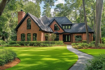 Beautiful brick house surrounded by lush greenery with a charming pathway leading to the entrance in a serene suburban setting