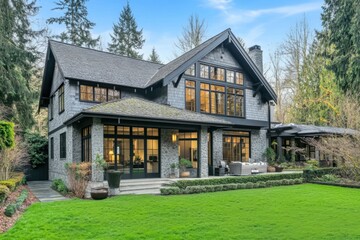 Charming gray stone house with large windows surrounded by lush greenery in a peaceful neighborhood during a bright sunny day