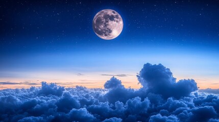 Majestic Full Moon Illuminating Night Sky Over Dreamy Clouds and Stars with Dusk Glow in Horizon Creating a Serene and Tranquil Atmosphere
