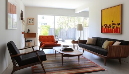 Mid Century Modern Living Room Interior Design with Sofa Chairs and Artwork