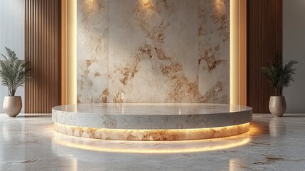 Elegant Modern Display Space with Marble Features and Soft Lighting, Ideal for Showcasing Products, Art, and Fashion in Contemporary Interiors