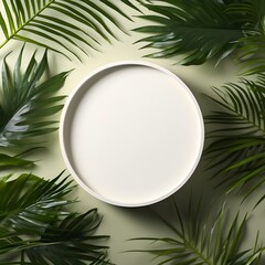 Round white frame, against the background of tropical leaves of monstera and others