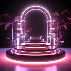 Retro style neon multi-level podium against the backdrop of palm trees