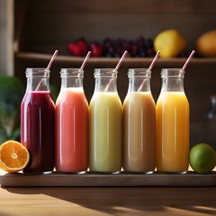 Advertisement of smoothie bottles with different fruits and flavors on a table background