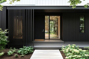 The contemporary house features a sleek black exterior, complemented by a minimalistic entrance and a beautifully landscaped garden, all illuminated by daylight