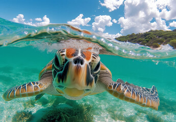 A sea turtle swims in the clear water of a tropical sea, partially submerged.
