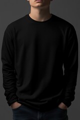 Fototapeta premium A person wearing a black long sleeve T-shirt mockup, standing with hands in pockets, against a dark background. The focus is on the clothing and the silhouette of the figure.