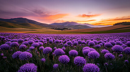 Fototapeta premium Serene sunset over blooming field representing balance of day and night