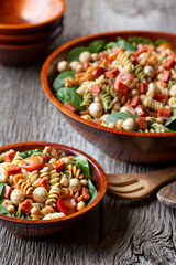 Italian Pepperoni Pasta and Spinach Salad with fresh mozzarella, tomatoes and chickpeas