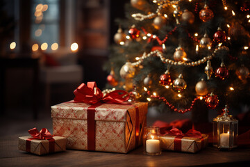 beautifully wrapped Christmas presents with red bows lying under a decorated tree with lights in a cozy dark room