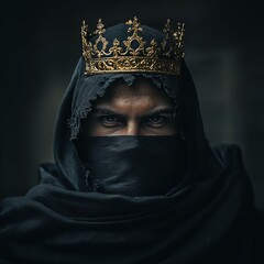 Naklejka premium A mysterious figure wearing a crown, shrouded in shadows.