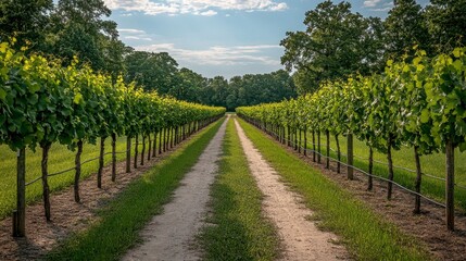 Naklejka premium Tranquil Vineyard Pathway Surrounded by Lush Green Vines Under a Clear Blue Sky on a Sunny Day in a Picturesque Landscape