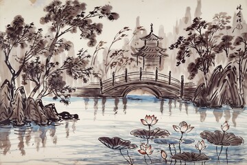 Ink and watercolor painting of a serene Chinese water garden with a bridge and lotus flowers, tranquil mood
