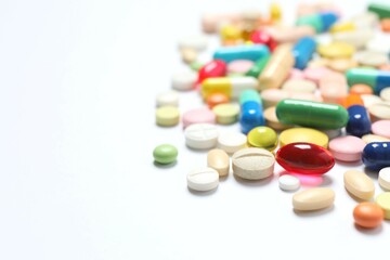 Various pills on white background