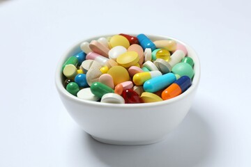 Various pills in a bowl on white background
