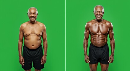 Transformation journey: african male fitness before and after on green background