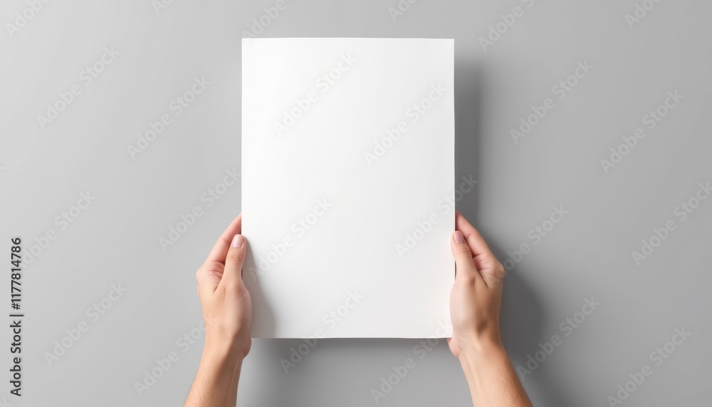 Aufkleber Photorealistic A4 paper mockup held by hands, emphasizing crisp edges and smooth texture, minimal background
