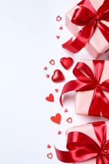Beautiful gift boxes with red hearts and paper card on white background