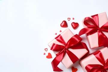 Beautiful gift boxes with red hearts and paper card on white background