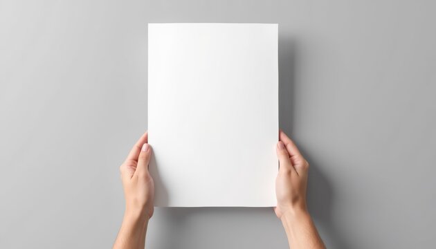 Photorealistic A4 paper mockup held by hands, emphasizing crisp edges and smooth texture, minimal background