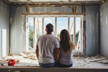Fototapeta premium Couple planning home renovation project looking out window in daylight