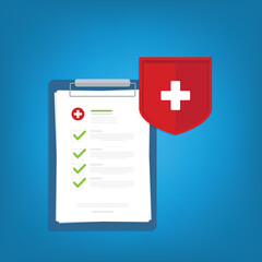 Obraz premium Medical healthcare insurance. Red shield on patient protection policy and pen. Medicine symbol. Vector illustration 