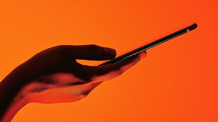 A hand gracefully holds a smartphone against a vibrant orange backdrop, embodying modern connection.