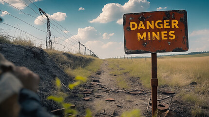 a rusty "Danger, Mines" sign on a metal fence against the background of a field and a cloudy sky