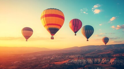 Obraz premium Dynamic Hot Air Balloons Gliding Over Lush Valley with Text Area
