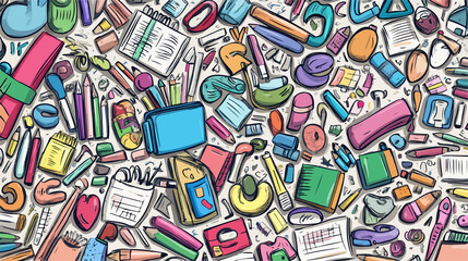 Wide Angle Centered Composition of Doodle School Supplies for Educational Materials