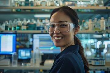 Fototapeta premium Portrait of a woman in pharmaceutical science in a laboratory, showcasing expertise in technology and research with lab equipment and a computer screen