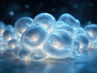 Obraz premium Glowing Blue Bubbles on Dark Background