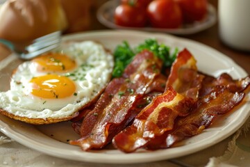 Hearty breakfast is served on a plate with crispy bacon and fried eggs