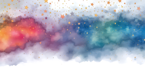 Watercolor colorful night space with stars border illustration on transparent background