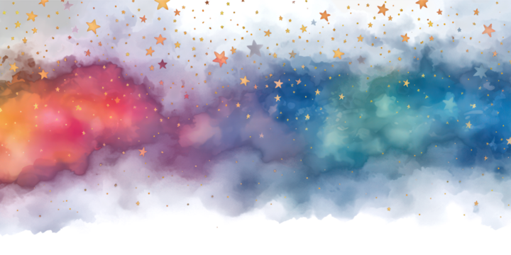 Watercolor colorful night space with stars border illustration on transparent background
