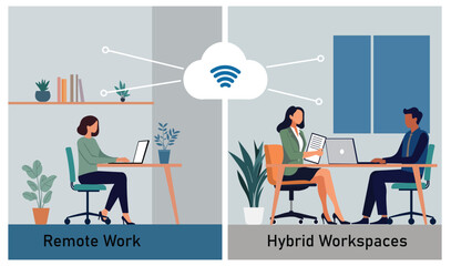 Remote work and hybrid workspaces.Professionals working from home and office environments, connected via cloud technology, For business, and marketing materials focused on remote workplace themes.