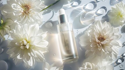 A minimalist flat lay of a skincare serum bottle with white dahlias and water drops, embodying purity and freshness. © anastasiia