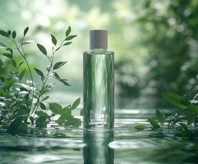 Transparent Cosmetic Bottle Amidst Lush Greenery and Reflective Water