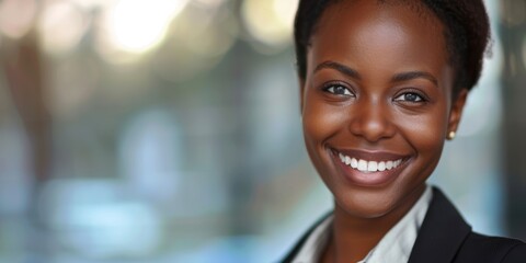 Fototapeta premium Confident smiling woman in a professional setting, showcasing success and leadership skills as a happy entrepreneur