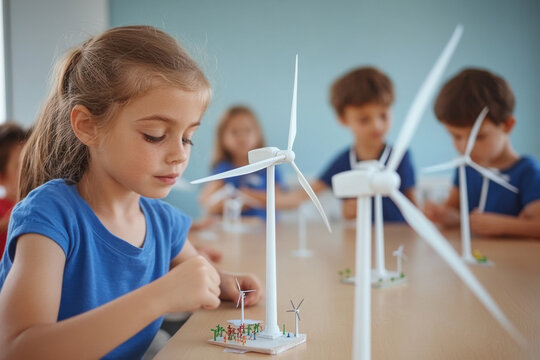 Children Building Wind Turbine Models in Classroom