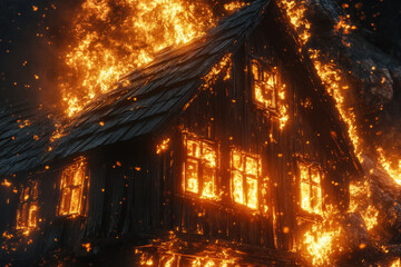 Obraz premium Wooden house engulfed in blazing fire