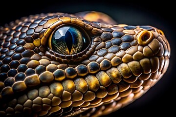 Fototapeta premium Snake head close up black and gold scales reptile