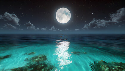 Fototapeta premium romantic and scenic panorama with full moon on sea to night