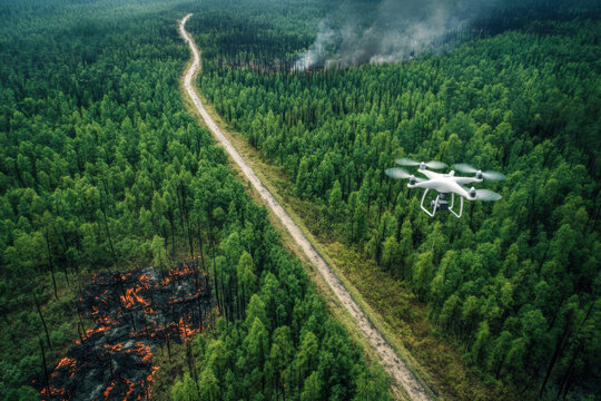 Drone monitoring forest fire with firebreak - Powered by Adobe