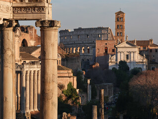View of the Roman Forum from via del Campidoglio, at sunset.