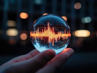 glowing soundwave graph is displayed inside crystal ball held by hand, symbolizing futuristic audio technology